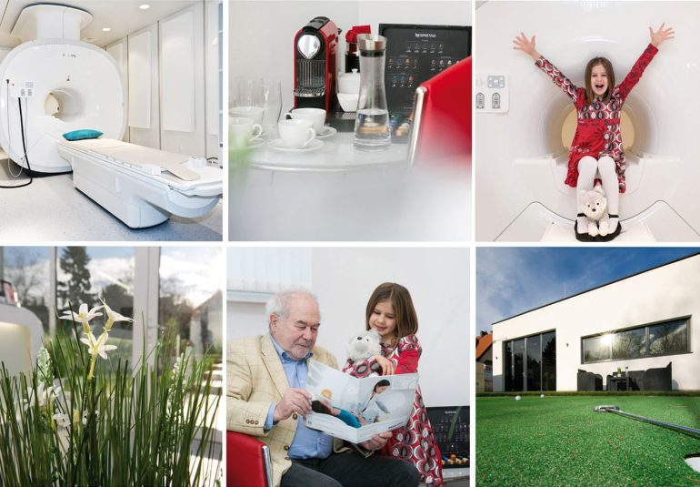 Einblicke in die MRT-Diagnosepraxis: moderner Empfangsbereich, MRT-Gerät, Patientenbilder, Wartebereich mit Kaffee, Gartenlounge und medizinische Bildaufnahmen.