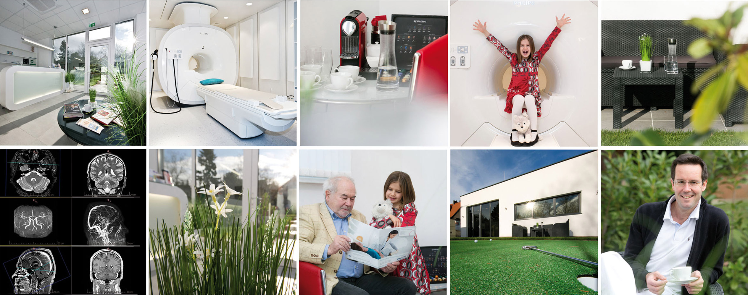 Einblicke in die MRT-Diagnosepraxis: moderner Empfangsbereich, MRT-Gerät, Patientenbilder, Wartebereich mit Kaffee, Gartenlounge und medizinische Bildaufnahmen.