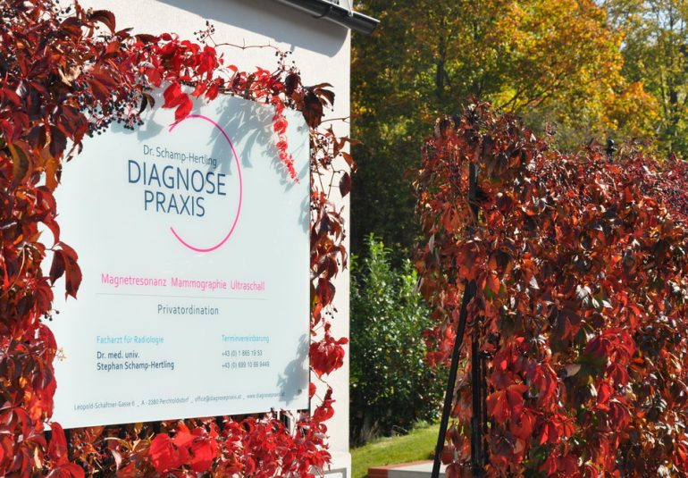 Praxis-Schild der Diagnosepraxis Dr. Schamp-Hertling, umrahmt von roten Herbstblättern, mit blauem Himmel und grünen Bäumen im Hintergrund.