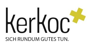 Schwarzer Schriftzug „kerkoc“ mit gelbem Pluszeichen und dem Slogan „Sich rundum Gutes tun.“ auf weißem Hintergrund.