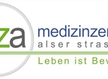 Logo mit „mza“ in einem Kreis, daneben „medizenzentrum alser strasse 69“ in Blau und Grau, darunter der grüne Slogan „Leben ist Bewegung“.