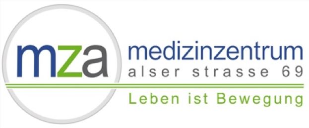 Logo mit „mza“ in einem Kreis, daneben „medizenzentrum alser strasse 69“ in Blau und Grau, darunter der grüne Slogan „Leben ist Bewegung“.
