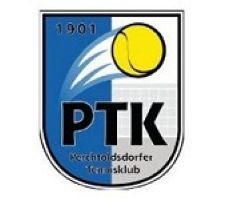 Wappenförmiges Logo des Perchtoldsdorfer Tennisklubs mit den Buchstaben „PTK“, einem gelben Tennisball und der Jahreszahl 1901 auf blau-weißem Hintergrund.