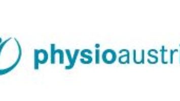 Blauer Schriftzug „physioaustria“ mit stilisierter menschlicher Figur in einem Kreis auf weißem Hintergrund.