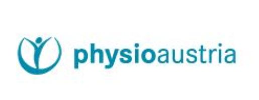 Blauer Schriftzug „physioaustria“ mit stilisierter menschlicher Figur in einem Kreis auf weißem Hintergrund.