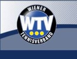 Rundes Logo des Wiener Tennisverbands mit weißem „WTV“-Schriftzug auf blauem Hintergrund und drei gelben Punkten darunter.