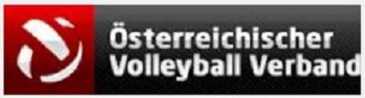 Weißer Schriftzug „Österreichischer Volleyball Verband“ auf schwarzem Hintergrund mit rotem und weißem Logo links.