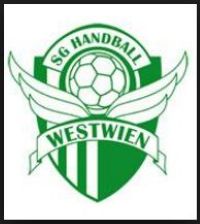 Grünes Wappen mit Handball, Flügeln und Schriftzug „SG Handball Westwien“ auf weißem Hintergrund.