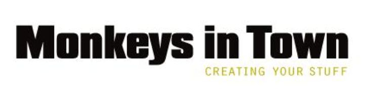 Schwarzer Schriftzug „Monkeys in Town“ mit gelbem Slogan „Creating Your Stuff“ auf weißem Hintergrund.