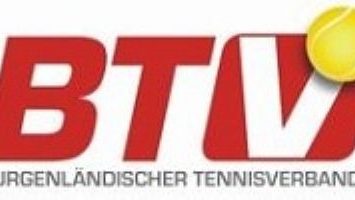 Roter Schriftzug „BTV“ mit gelbem Tennisball und darunter „Burgenländischer Tennisverband“ auf weißem Hintergrund.