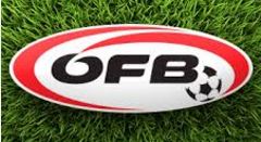 Ovales ÖFB-Logo mit rotem Rand, schwarzem Schriftzug „ÖFB“ und stilisiertem Fußball auf grünem Rasenhintergrund.